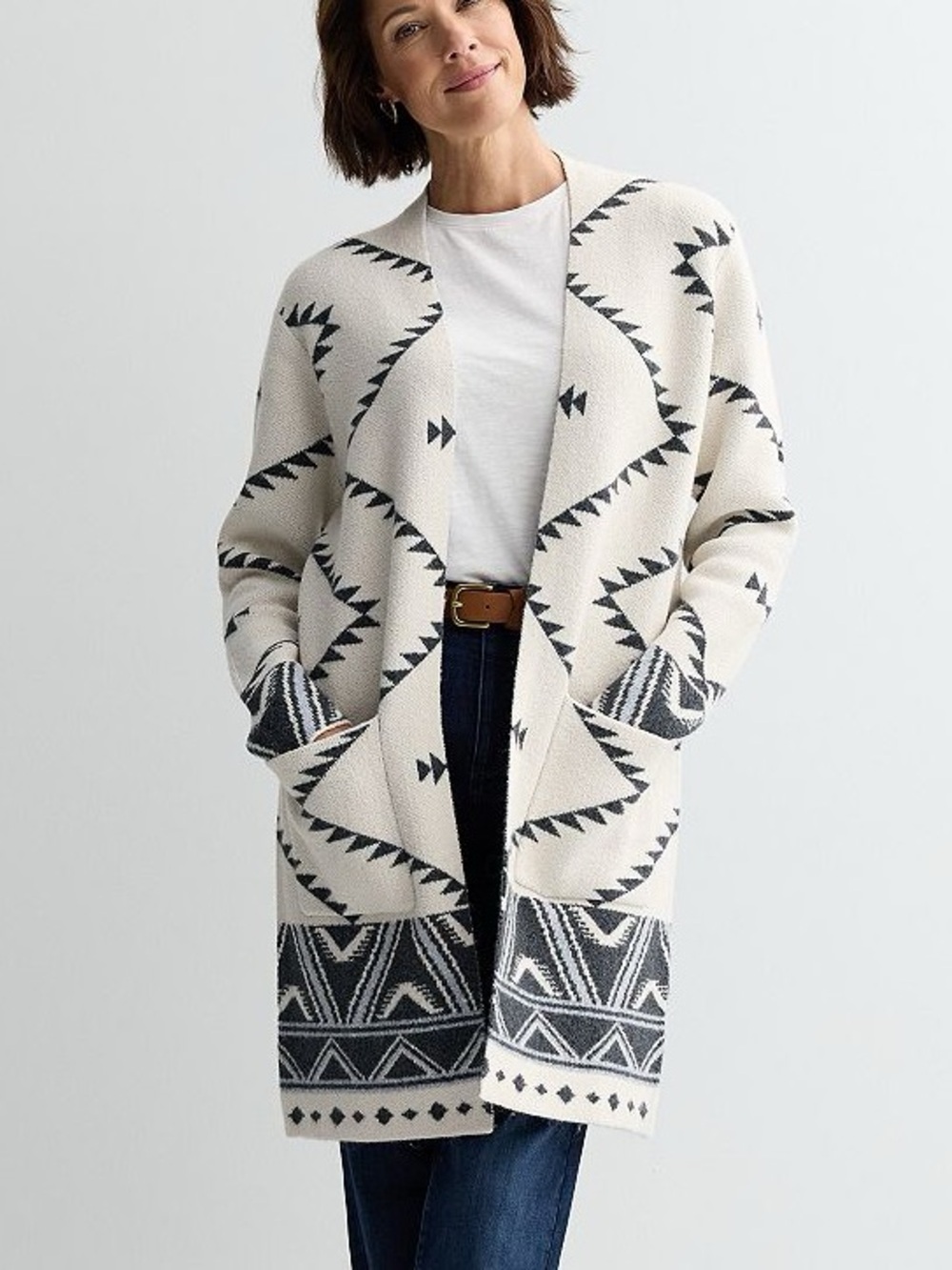 Chelsea & Theodore Cream and Black Tribal Open-Front Cardigan